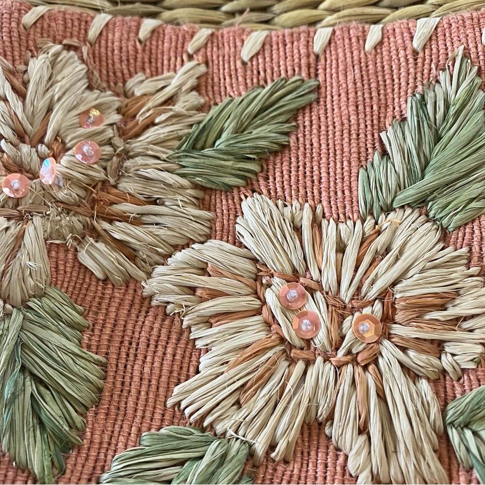 Vintage y2k Woven Straw‎ Rattan Purse Floral Leather Handles by Q&A - Picture 7 of 7